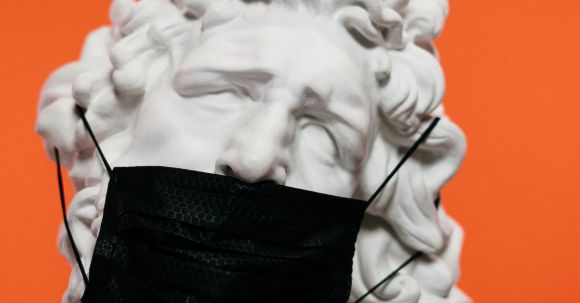 Pollution Prevention - White Ceramic Sculpture With Black Face Mask